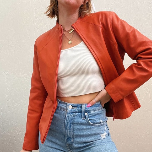 Vintage Jackets & Blazers - Vintage Y2K Orange 100% Leather Fitted Biker Jacket